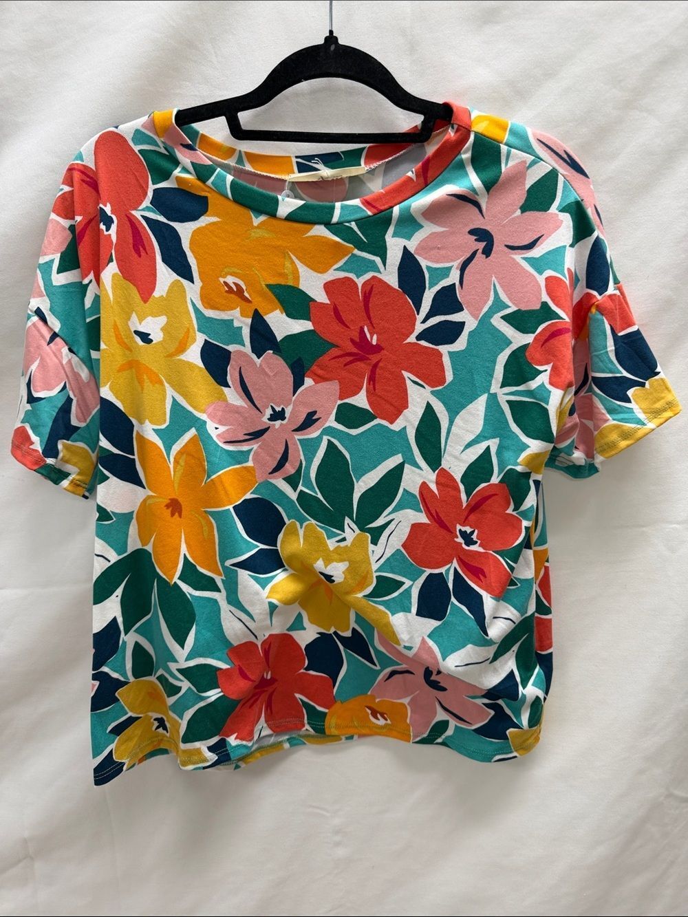 Teal Floral Short Sleeve Tee with Multicolor Blooms